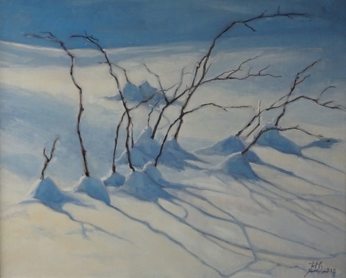 „Gałązki pod śniegiem”, olej,  40x50, Małgorzata Domańska