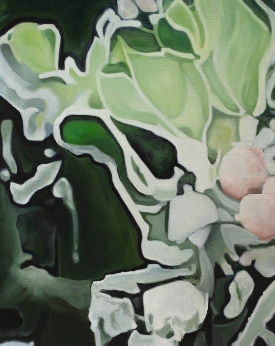 „W zieleniach i szarościach”, olej na płótnie, 100 x 80, Małgorzata Domańska